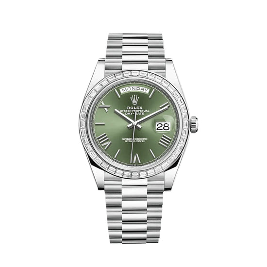 Day-Date Platinum Olive Green Dial Diamond Bezel image 0